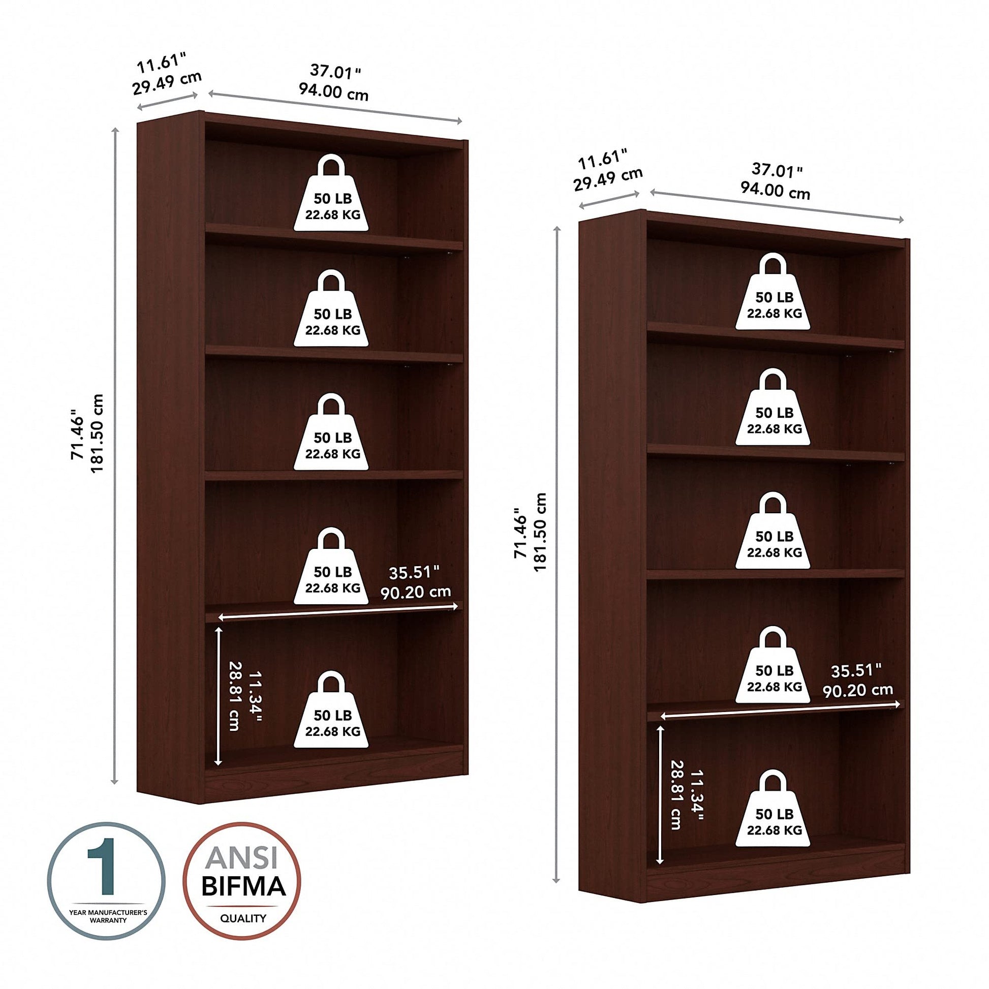 Bush Universal 5 Shelf Bookcase Set of 2 in Vogue Cherry - WoodArtSupply