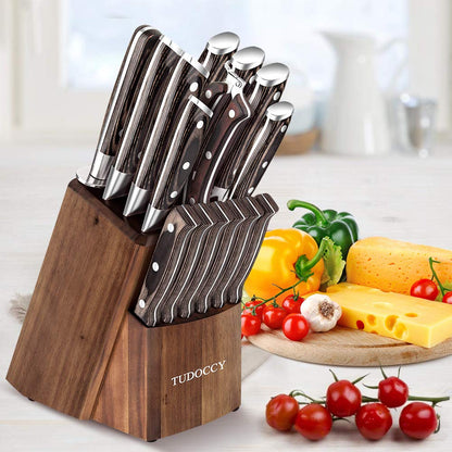 Kitchen Knife Set, 16-Piece Knife Set with Built-in Sharpener and Wooden Block, Precious Wengewood Handle for Chef Knife Set, German Stainless Steel Knife Block Set, Ultra Sharp Full Tang Forged