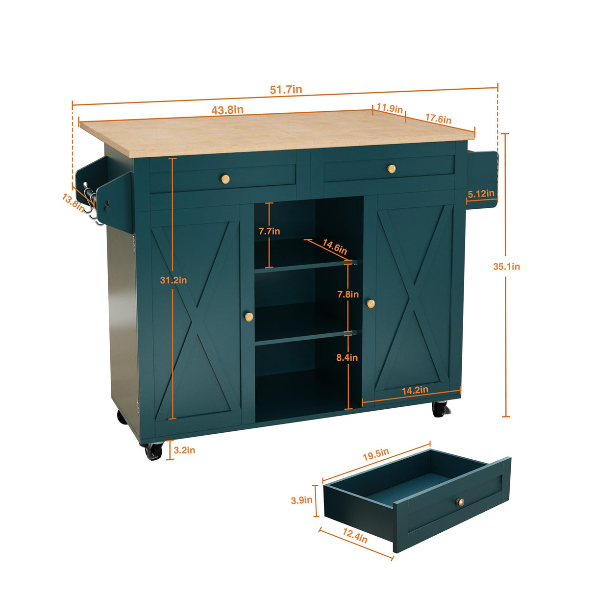 HLR Kitchen Island On Wheels, Rolling Kitchen Island Cart with Drop Leaf Countertop, Barn Door Kitchen Island Table with Storage Cabinet and Tower Rack, Island Table for Kitchen (Dark Teal) HLR