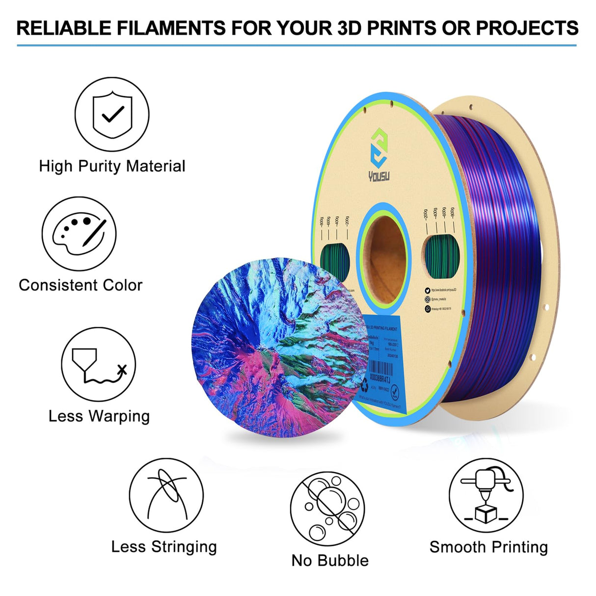 YOUSU 3D Printer Filament Triple Color Silk PLA Filament 1.75mm,3D Printing Filament Coextrusion Rainbow Filament with Silk PLA,1kg/2.2lbs,Silk Rose red/Blue/Green. Yousu