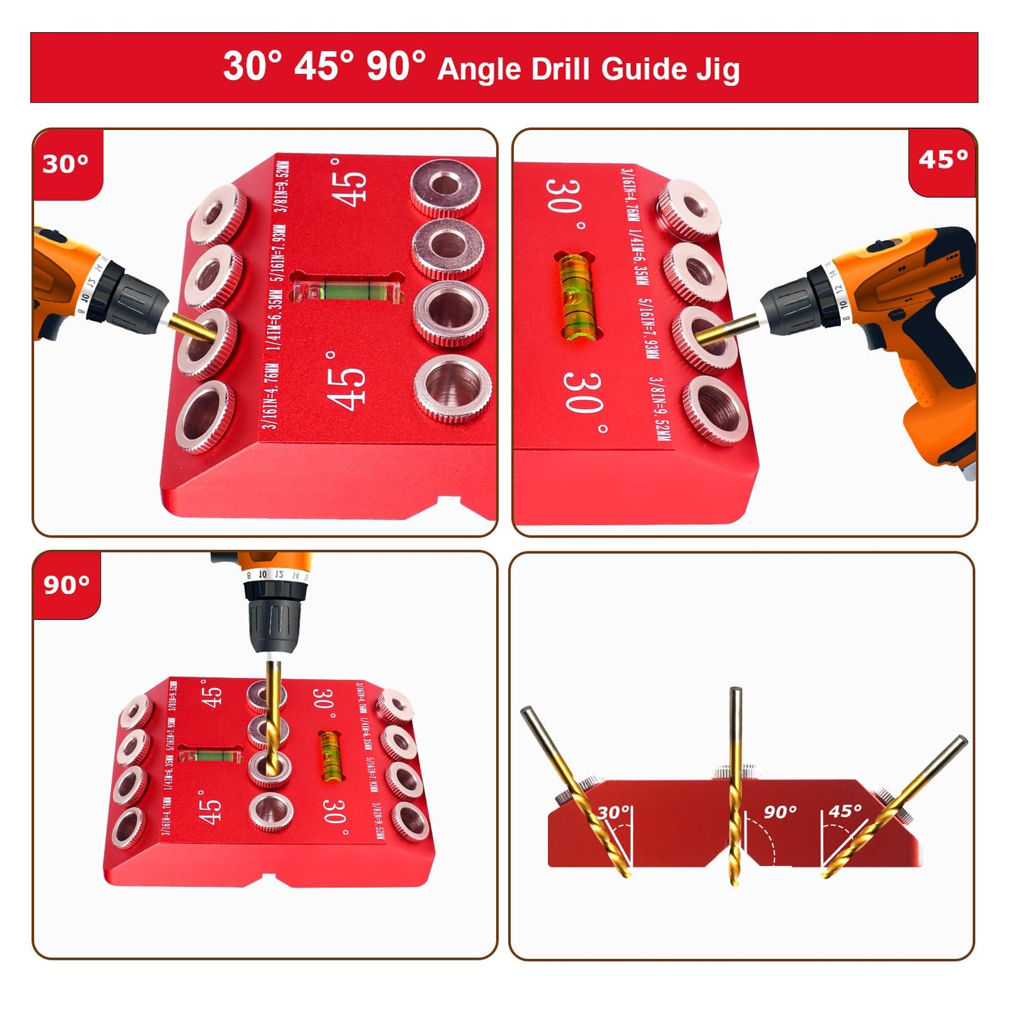 DIRAEEN 30 45 90 Angle Drill Guide Jig with 4 Drill Bits-Portable Drill Guide for Angled Holes and Straight Hole, All Metal Jig for Stairs Handrail, Cable Railing, Deck, Wood Post, Level desi - WoodArtSupply