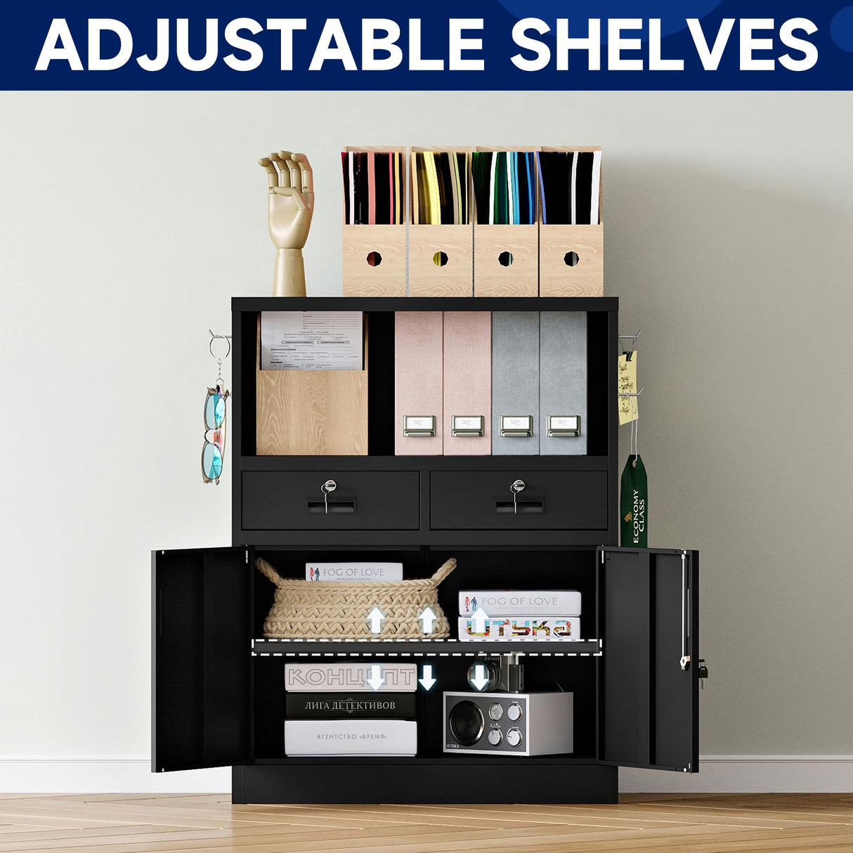 Yizosh Locking Cabinet with 2 Drawers, Metal Storage Cabinet with Locking Doors and Shelves - 41.3" Steel Lockable Storage Cabinet, Metal Cabinet for Home Office, Garage, School (Black) Yizosh