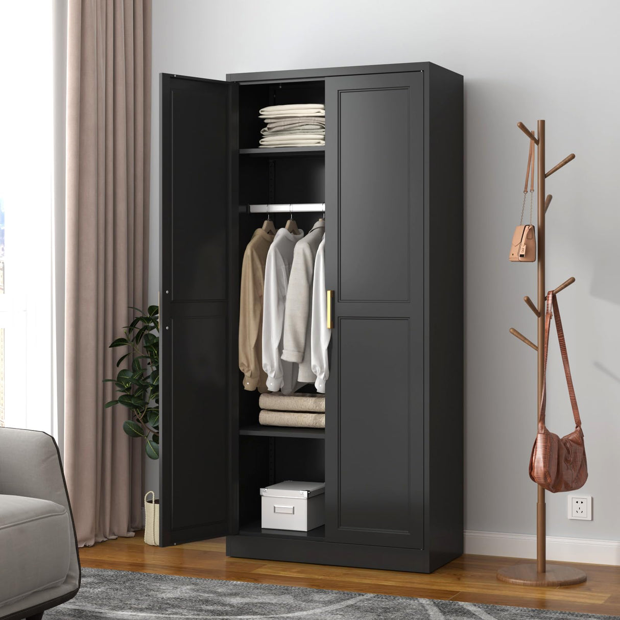 SteeLoong Metal Wardrobe Cabinet with Hanging Rod, 71" Tall Armoire Wardrobe Closet with 2 Doors and Adjustable Shelves, Black Clothing Storage Cabinets for Bedroom, Laundry Room, Cloak Room SteeLoong