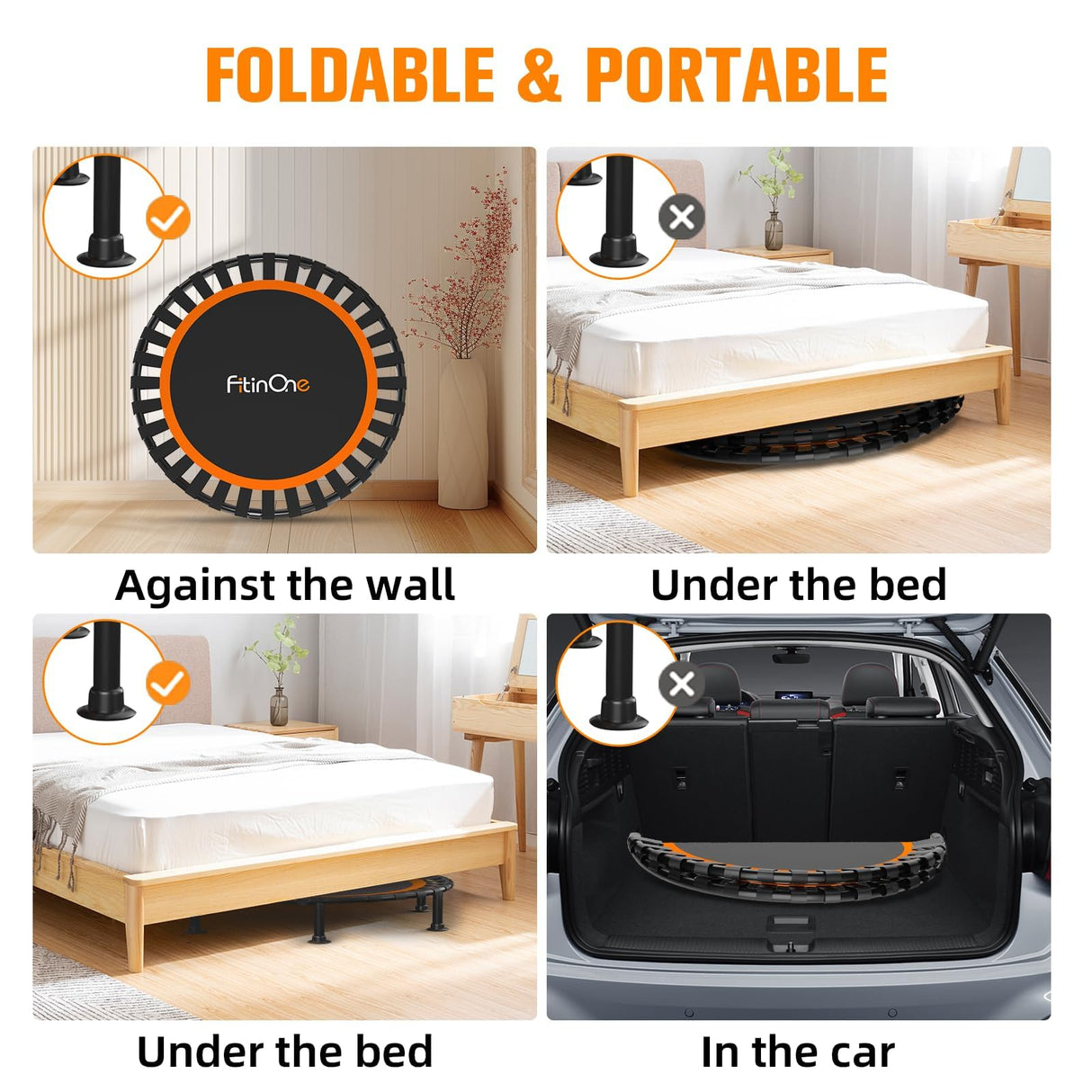 40"/48" Foldable Mini Trampoline Load 450lbs,Portable Exercise Rebounder Trampoline with Adjustable Foam Handle,Fitness Trampoline for Adults and Kids (40 inch Without handrail) FitinOne