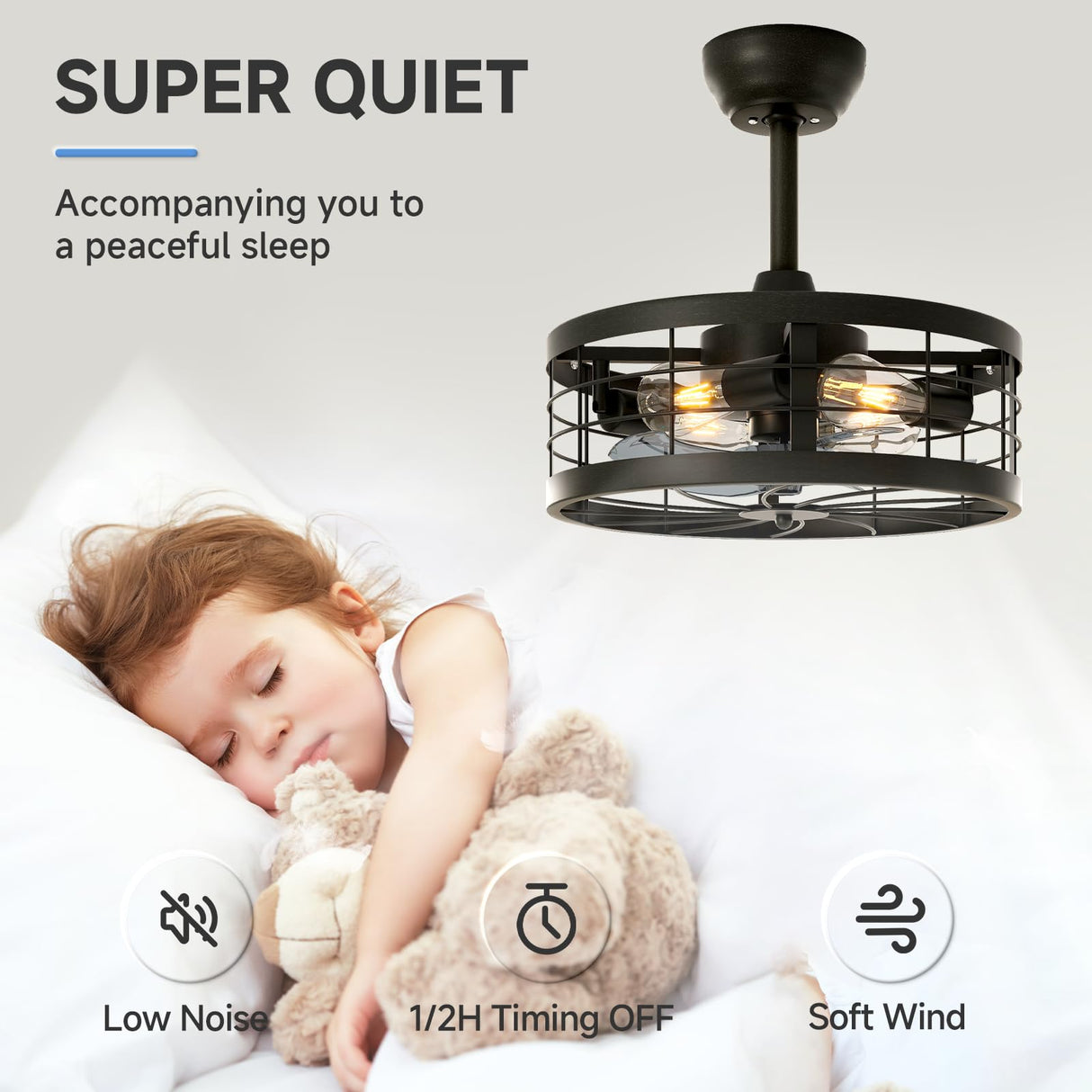 VOLISUN Caged Fandelier with Light and Remote, 16.5in Black Bladeless Ceiling Fan Lights Fixtures for Kitchen, Bedroom (4 * 2700K Bulbs Included) VOLISUN