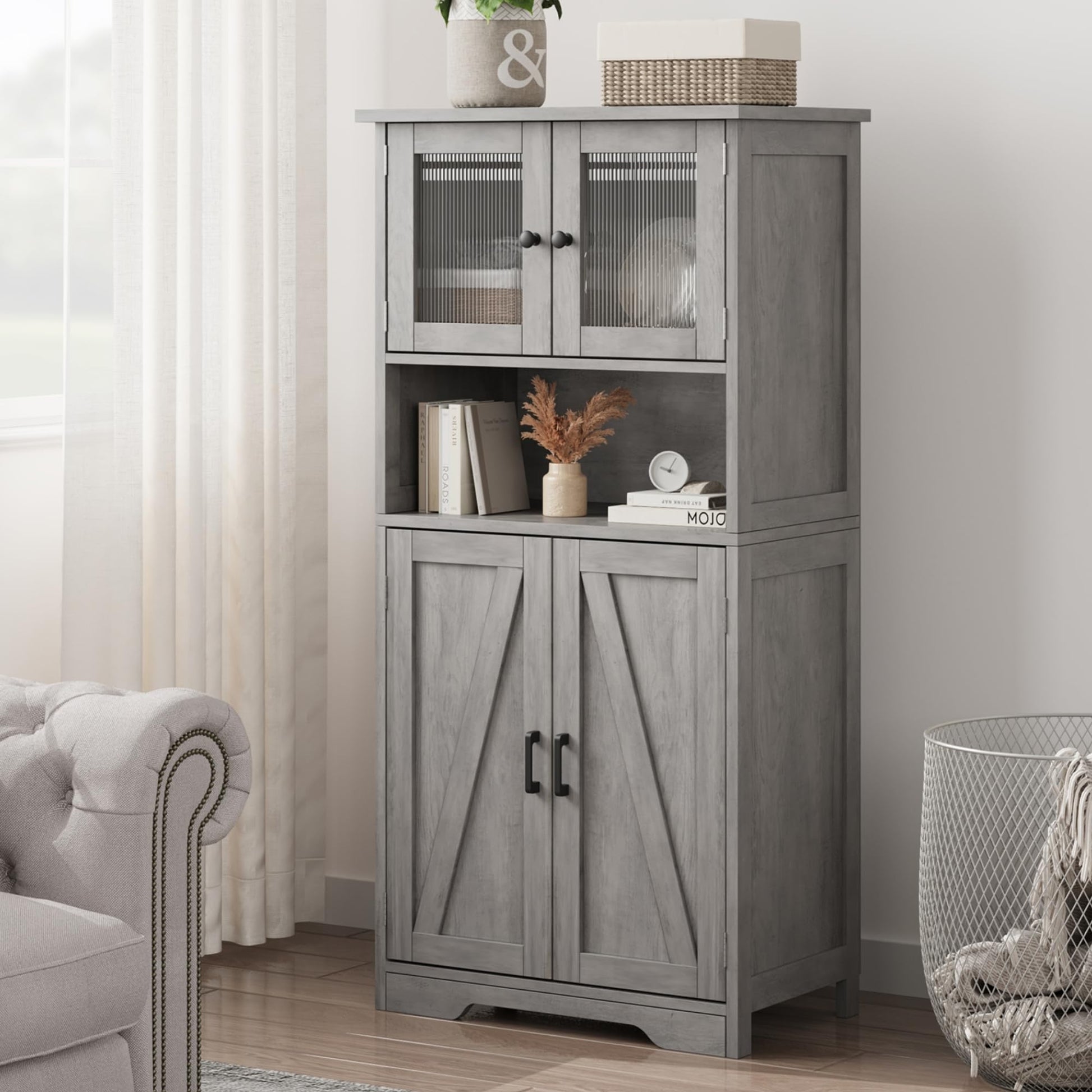 IDEALHOUSE 50.4" Grey Freestanding Kitchen Pantry Cabinet with Glass Doors and Adjustable Shelves - WoodArtSupply