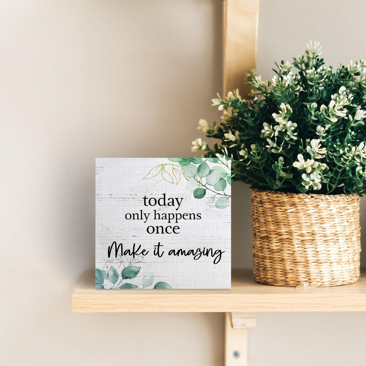 ANIANG Inspirational Wooden Box Sign, Motivational Desk Decor, Rustic Modern Farmhouse Decor, Today Only Happens Once Make It Amazing Wood Block Box Sign Plaque for Office Home Shelf Decor ANIANG