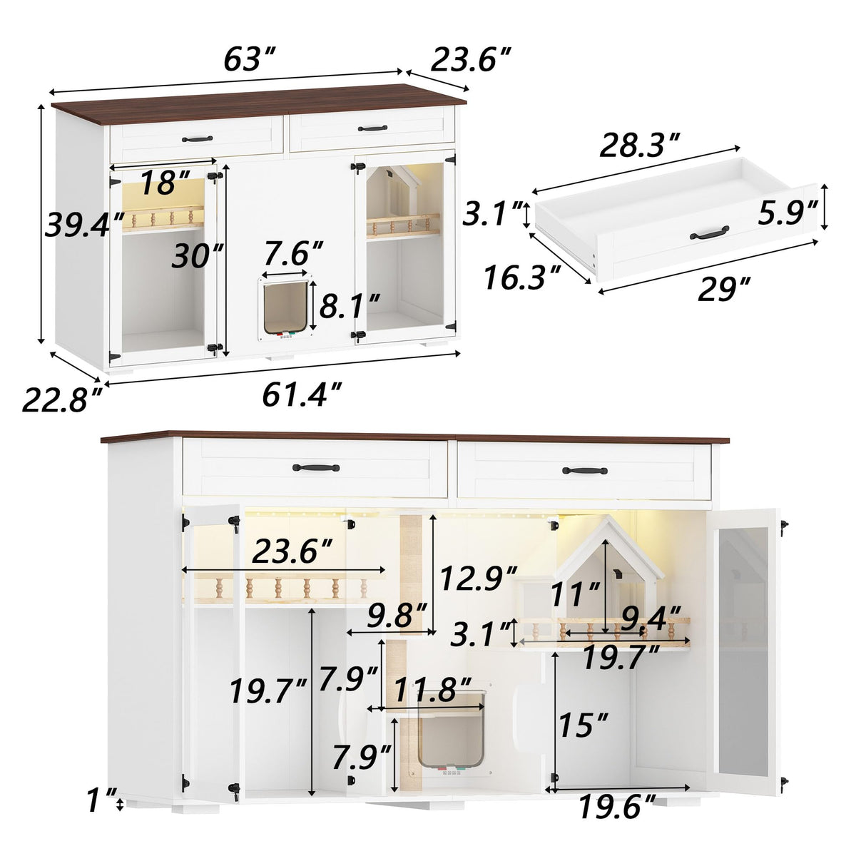 DAWNSPACES Enclosed Cat Litter Box Enclosure, Hidden Kitty Litter Furniture with 2 Large Drawers, 2 Glass Doors, LED Light and Cat Scratching Post DAWNSPACES