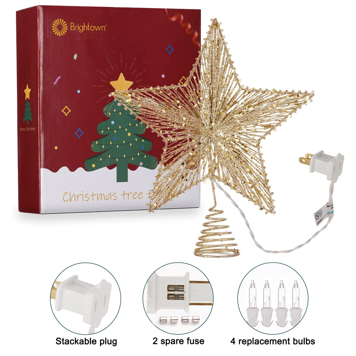 Christmas Star Tree Topper, Plug in 3D Star Tree Topper, 11”Golden Glittered Metal Hollow Designed Built-in 10 Bulbs String Lights for Christmas Tree Decorations Brightown