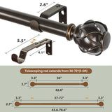 KAMANINA 1 Inch Curtain Rod Telescoping Single Drapery Rod 36 to 72 Inches (3-6 Feet), Antique Bronze Curtain Rods for Windows 24 to 68 Inches, Netted Texture Finials KAMANINA