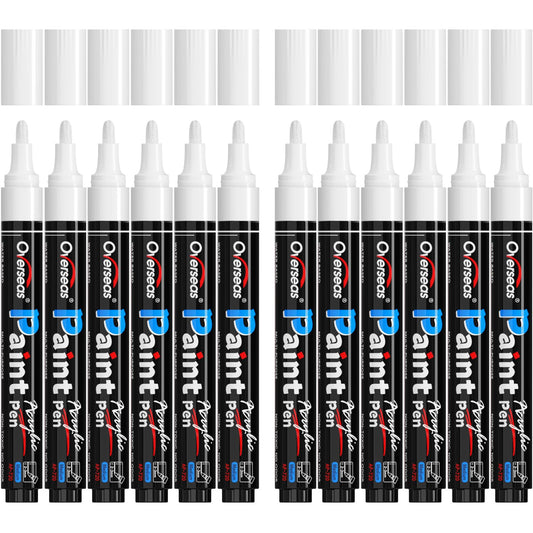 Overseas White Paint Pens Paint Markers - Permanent Acrylic Markers 12 Pack, Water-Based, Quick Dry, Waterproof Paint Marker Pen for Rock, Wood, Plastic, Metal, Canvas, Glass, Fabric, Mugs. Medium Tip