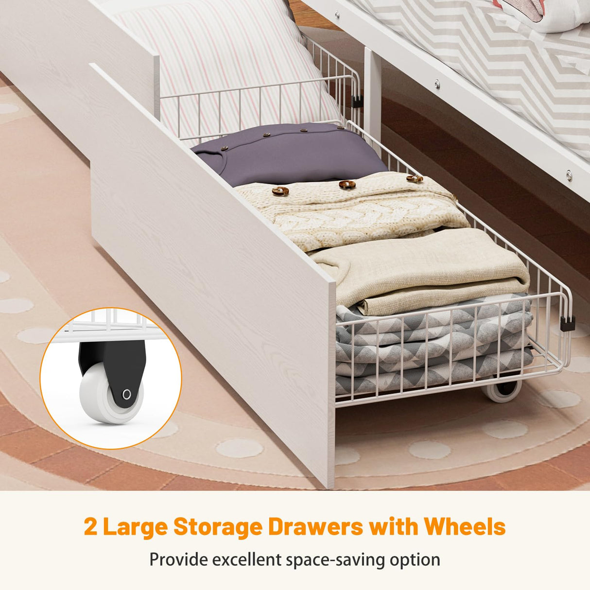 IKIFLY Full Over Full Bunk Beds with 2 Storage Drawers, Heavy Duty Metal Bunk Bed with LED Lights and Charging Station, Safety Guardrail & 2 Ladders, Space-Saving, No Box Spring Needed, White IKIFLY