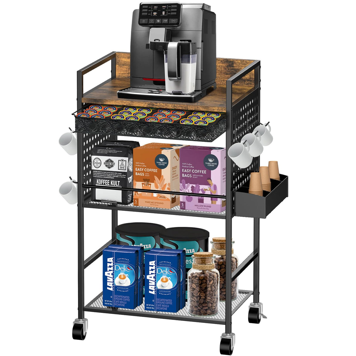 Kwynsa Coffee Bar Cabinet with Power Outlet, Coffee car with Lockable Wheels,Coffee Pod Holder,for Office,Living Room and Small Space,(Rustic Brown) Kwynsa