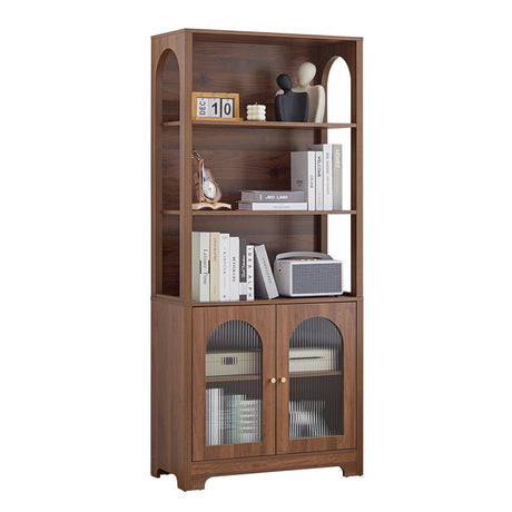 MAHYIZYI 71" Tall Bookshelf with Glass Doors, 5-Tier Arched Bookcase with Storage & Adjustable Shelf, Freestanding Wood Book Shelf Modern Farmhouse Display Cabinet for Living Room, Office (Walnut) MAHYIZYI