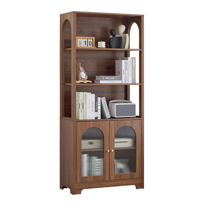 MAHYIZYI 71" Tall Bookshelf with Glass Doors, 5-Tier Arched Bookcase with Storage & Adjustable Shelf, Freestanding Wood Book Shelf Modern Farmhouse Display Cabinet for Living Room, Office (Walnut)