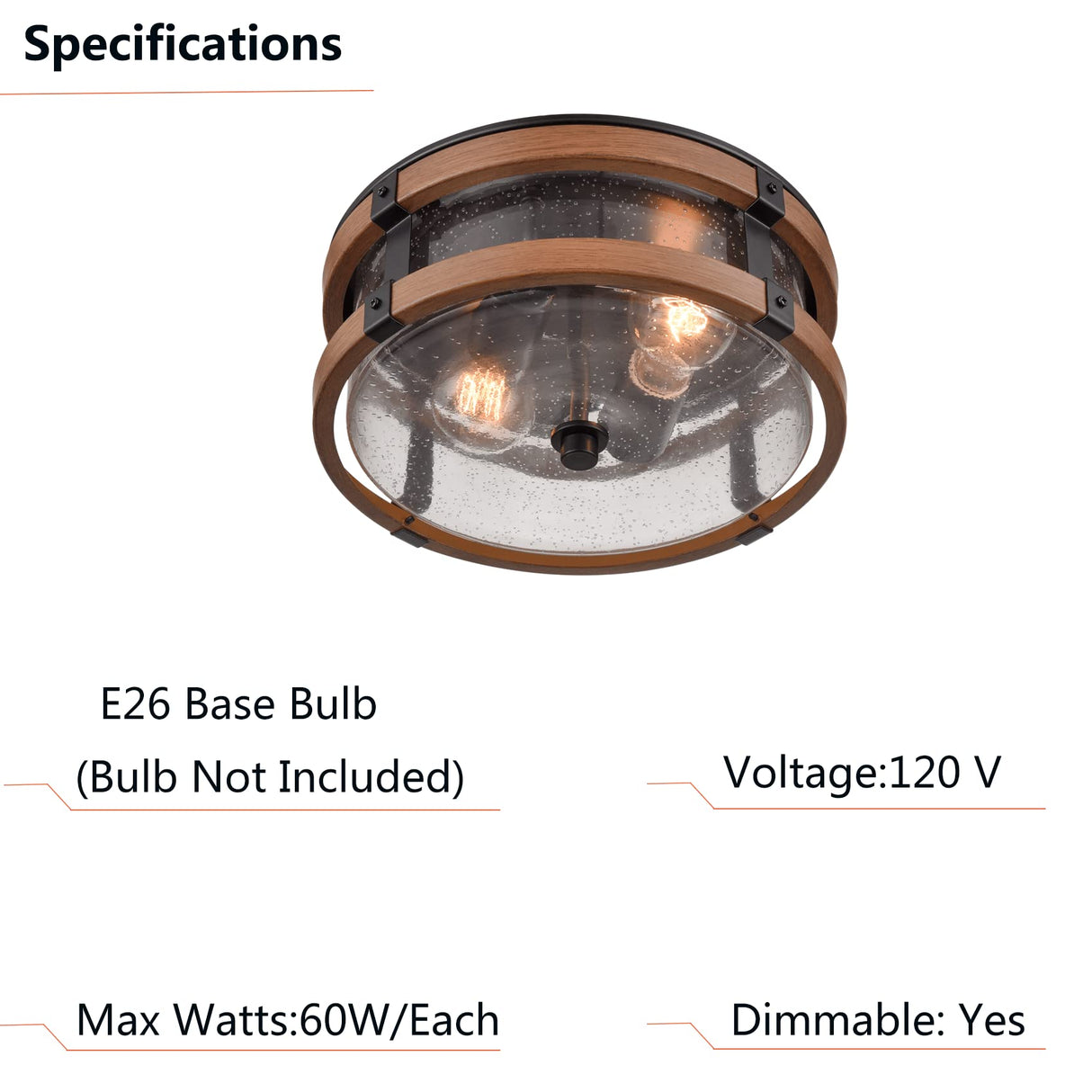 DEYNITE Farmhouse Ceiling Light Fixture 2-Light Hallway Ceiling Light in Black & Rustic Wood Grain Finish with Clear Seeded Glass Shade DEYNITE