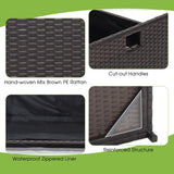 Tangkula 34 Gallon Outdoor Storage Bench with Seat Cushion, Patio Mix Brown Wicker Deck Box with Waterproof Liner and Side Handles, Outdoor Storage Bench for Cushions, Garden Tools, Pool Accessories Tangkula