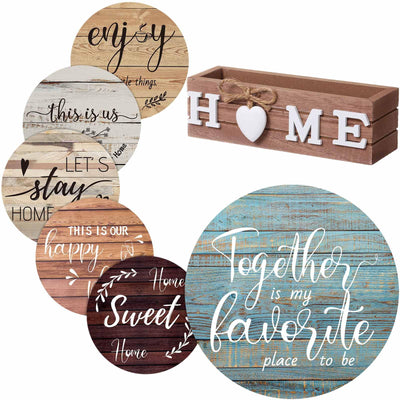 Queekay Housewarming Gifts for New Home 5 Wooden Coasters and 1 Farmhouse Trivets for Hot Dishes Round Wood Hot Pads Set with Holder for Home Decoration, 7 Inch and 4 Inch(Brown, Bright Color)