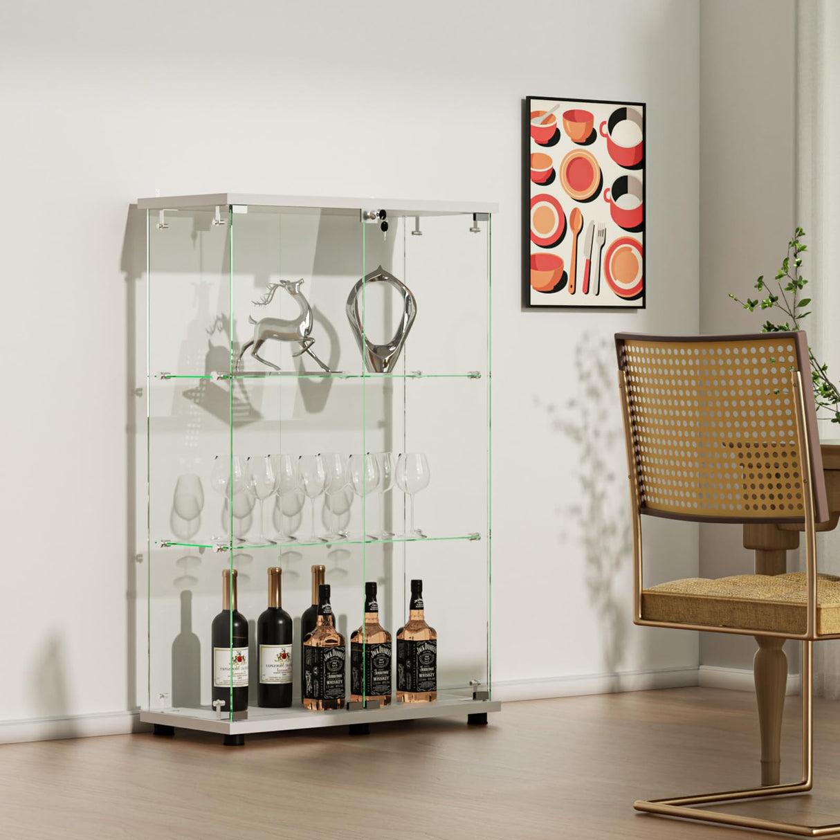 VINGLI Glass Display Cabinet with 3 Shelves, Double Doors and Lock, Floor Standing Curio Cabinets with LED Light, Upgraded Tempered Glass Bookshelf, for Living Room Living Room Bedroom Office, White VINGLI