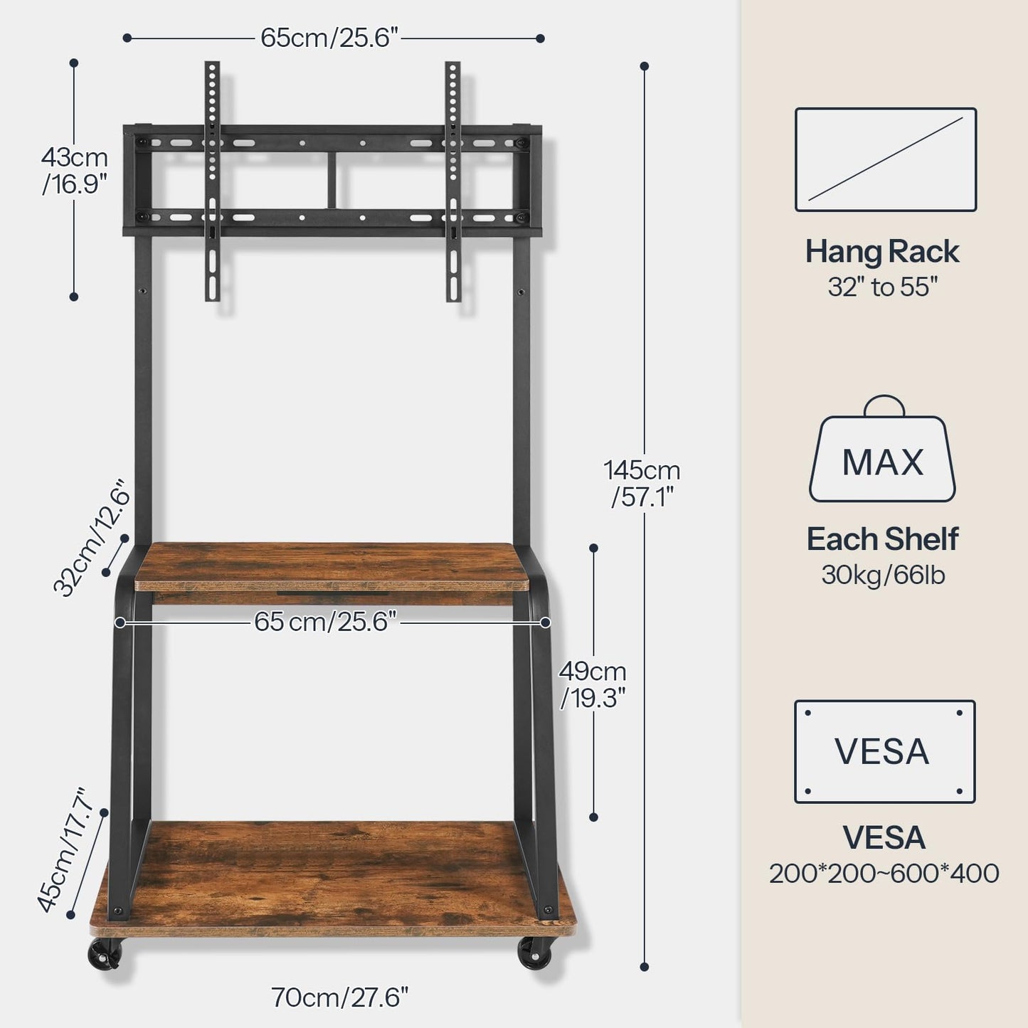 HOOBRO Corner TV Stand with Mount and Power Outlet Up to 55”, Rolling TV Stand with LED Lights, Heights Adjustable TV Console Table for Living Room, Bedroom, Office, Rustic Brown and Black BF70UDDS01