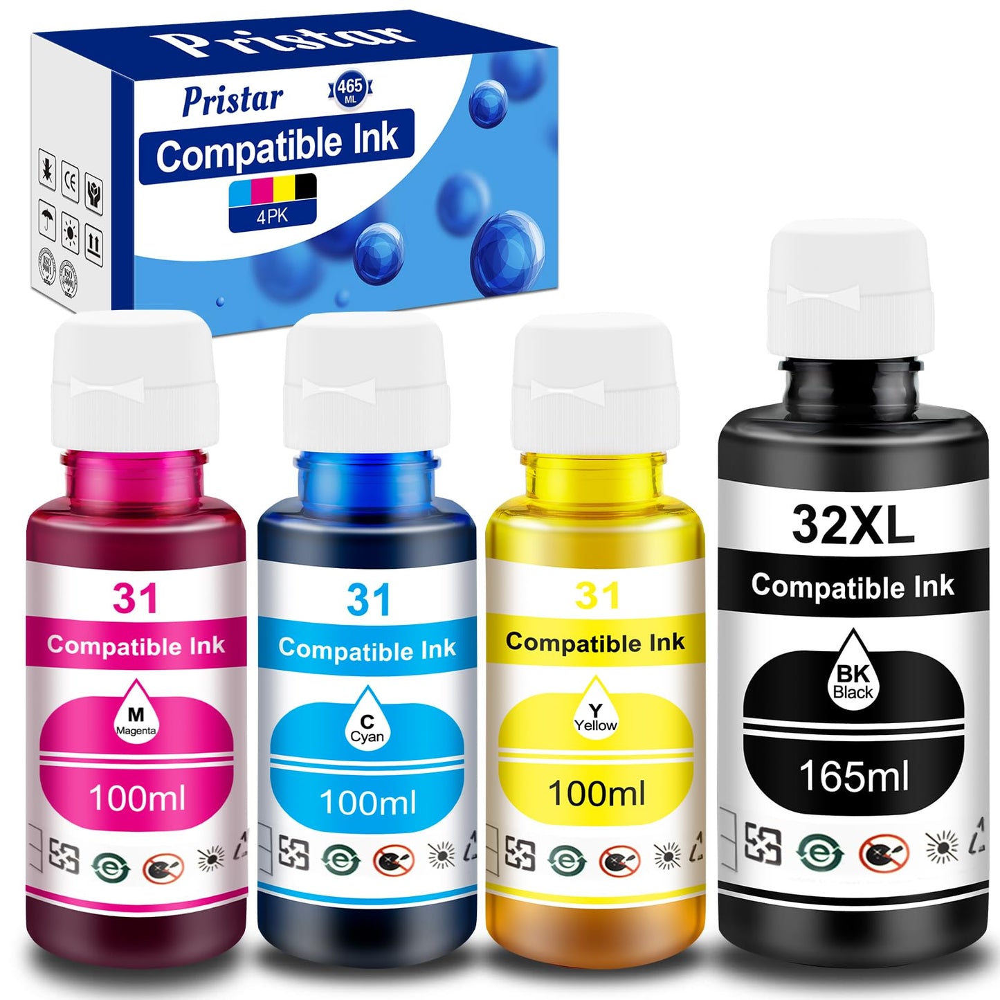 Pristar Compatible with HP 31 32XL Ink Bottle Set Compatible with HP Smart Tank 7301 7001 7602 5000 6001 5101 5102 5103 Plus 651 551 455 457 450 All-in-One Ink (165 ML 32XL Black Ink 100 ML 31 CMY Ink