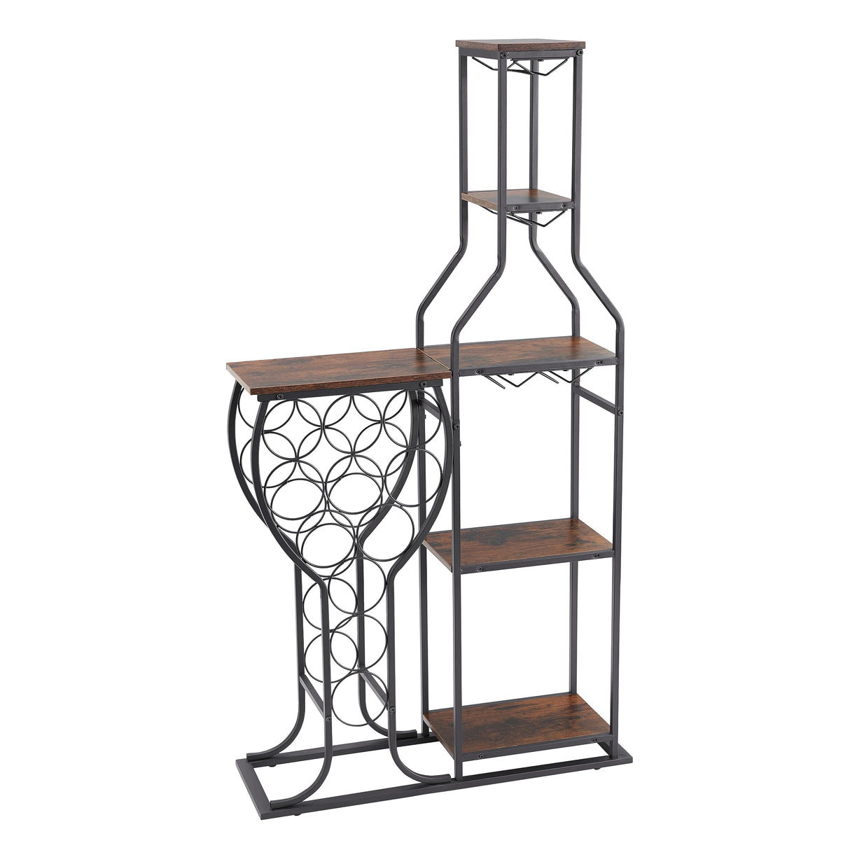 PAUKIN 5 Tier Freestanding Wine Rack with Hanging Wine Glass Holder and Organizer, Wine Storage Home Bar. 11 Bottle Wine Grill for Kitchen, Dining Room., Antique Brown. (Metal & Wood, Antique Brown) PAUKIN