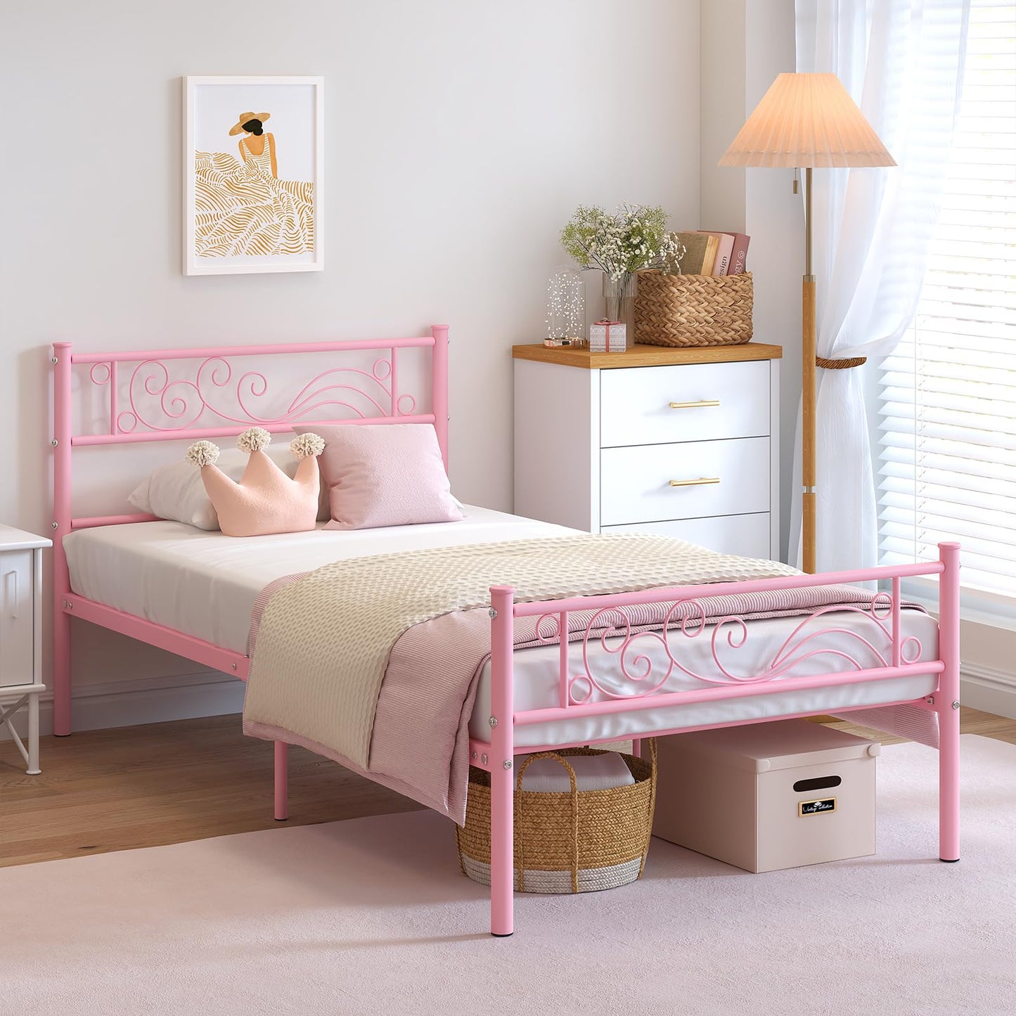 Weehom Twin Bed Frames Metal Platform Heavy Duty Steel Slat Under Bed Storage for Kids Pink