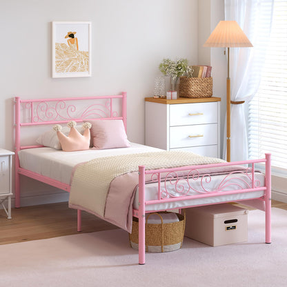 Weehom Twin Bed Frames Metal Platform Heavy Duty Steel Slat Under Bed Storage for Kids Pink