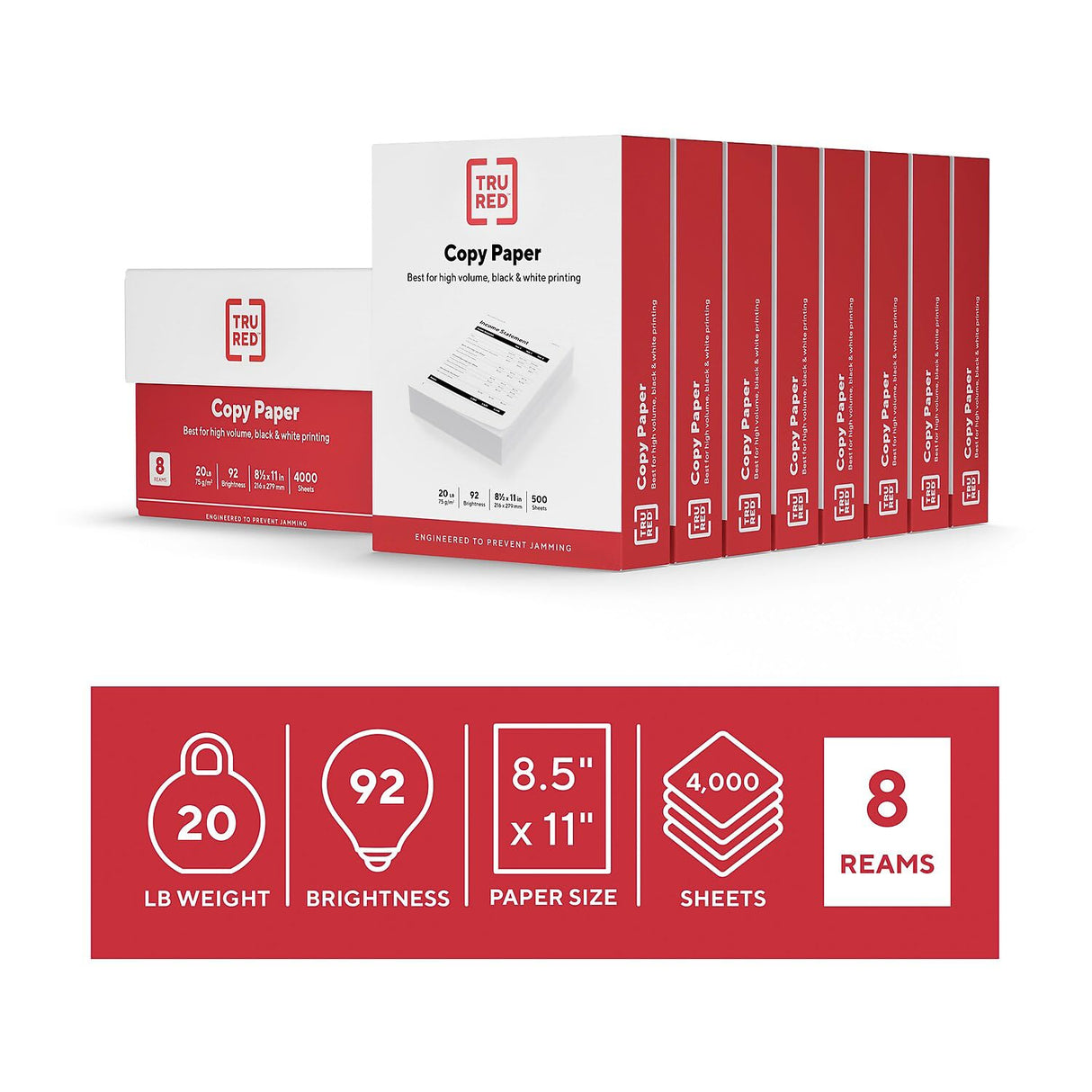 TRU RED 8.5 x 11-Inch Copy Paper, 20 lbs., 92 Bright, 500 Sheets/Ream, 8 Reams/Carton (TR59702) TRU RED