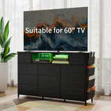 Fixwal Black Dresser for Bedroom with Power Outlets and LED Lights 11 Drawers Dresser with Side Pocket for Kids Bedroom, Fabric Chest of Drawers, for 60inch TV Long Dresser Storage Organizer Fixwal