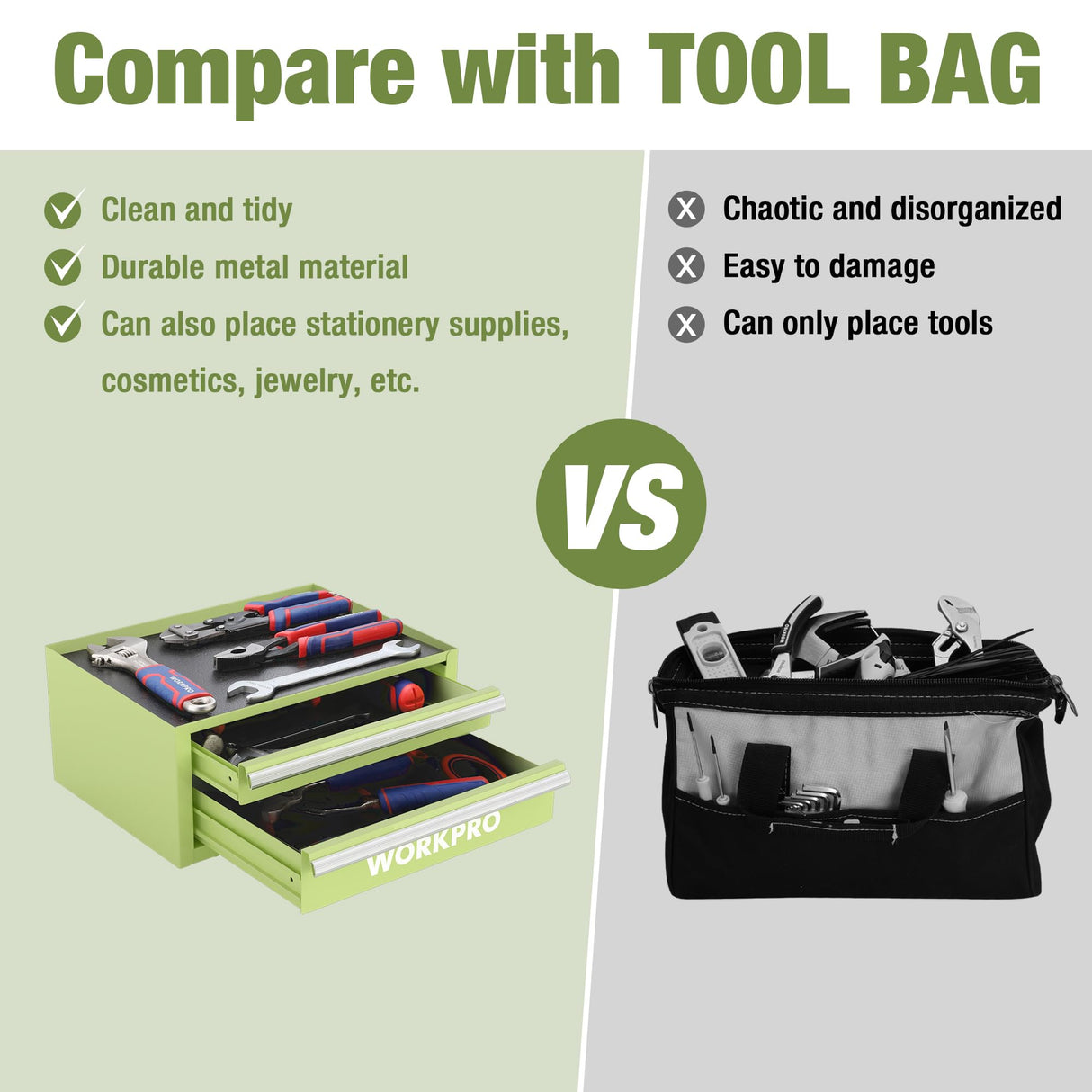 WORKPRO 12.5" Mini Tool Box with 2 Drawers & 1 Open Top Storage, Small Metal Tool Chest with PVC Liners & PP Feet Pads, Cold Rolled Steel Toolbox with Drawer Liners & Magnetic Tabs WORKPRO