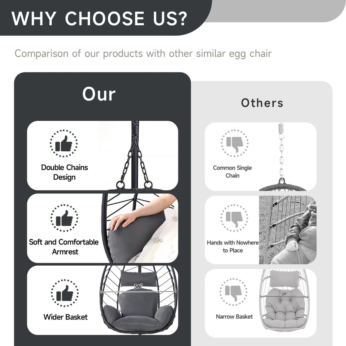 ONBRILL Hanging Egg Chair with Stand, Outdoor Indoor Egg Swing Chair with Cushion Headrest, Wicker Rattan Egg Chair with Dual Chains, 350LBS Capacity for Patio, Porch, Balcony, Bedroom (Dark Gray) ONBRILL