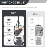 ONBRILL Hanging Egg Chair with Stand, Outdoor Indoor Egg Swing Chair with Cushion Headrest, Wicker Rattan Egg Chair with Dual Chains, 350LBS Capacity for Patio, Porch, Balcony, Bedroom (Dark Gray) ONBRILL