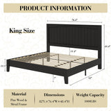 LUXOAK Queen Size Solid Wood Bed Frame with 48.4 inch Tall Headboard, Mid-Century Modern Platform Bed with Wooden Slats and Metal Frame. No Box Spring Needed, Easy Assembly, Black LUXOAK