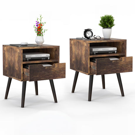 Lifetime Home 2 SET, Mid-Century Modern Nightstand, Wooden Table with Storage Drawer - Bedside Table for Bedroom or End Table for Living Room, Dark Natural Wood Accent Decor - Rustic Brown Lifetime Home