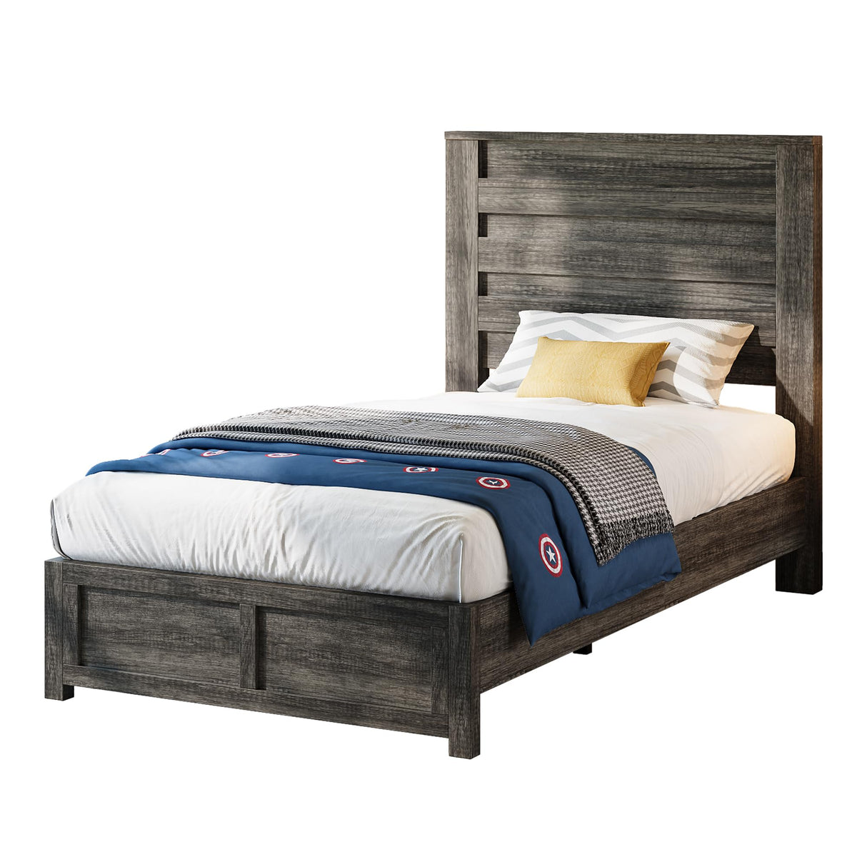 LUXOAK Twin Farmhouse Bed Frame with 49" Fluted Headboard, Wooden Platform Bed with Natural Grain, Noise-Free, No Box Spring Needed, Rustic Grey LUXOAK