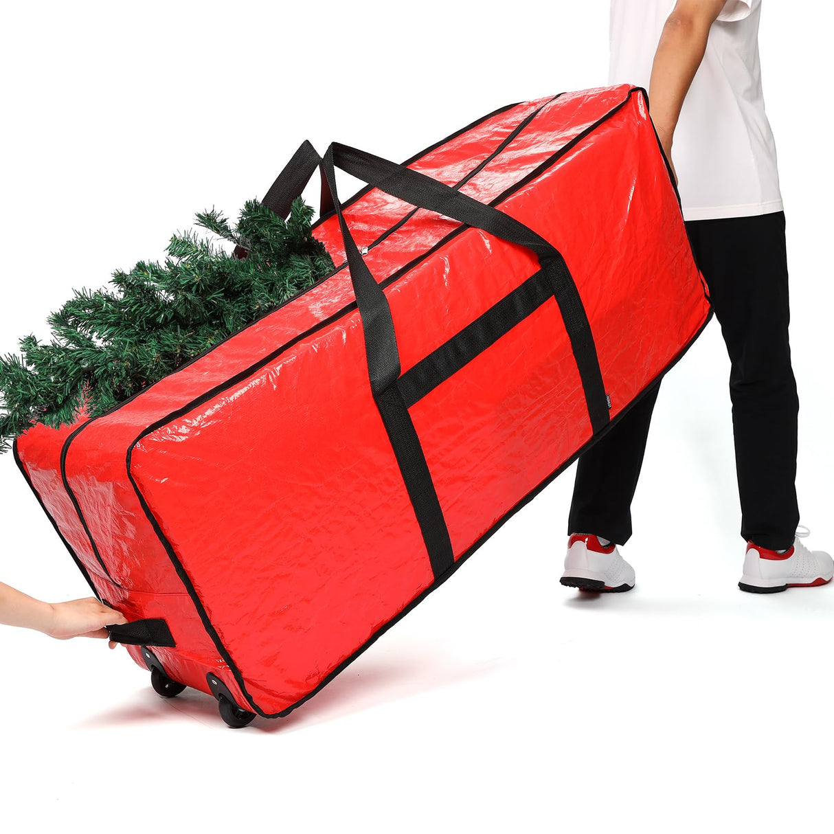 HOMEST Christmas Tree Storage Bag, Fits for 7.5 ft Artificial Xmas Tree, Zippered Christmas Tree Bag with Reinforced Carrying Handles and Wheels, Red (Bag Only) HOMEST