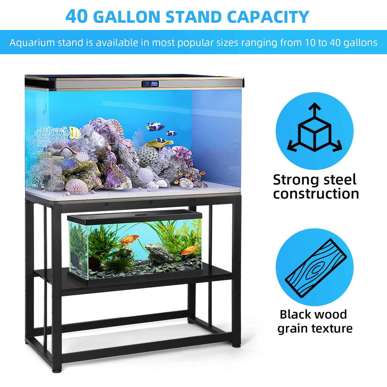 VOWNER 40-50 Gallon Fish Tank Stand - Metal Aquarium Stand, 36.6" x 18.5" x 29.5" Adjustable Heavy Duty Reptile Tank Stand, Adjustable 2-Tier Fish Tank Rack Shelf for Home Office, Tank not In - WoodArtSupply