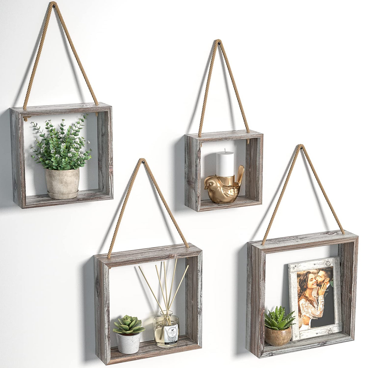 J JACKCUBE DESIGN Wall Decor Floating Hanging Square Shelves Wall Mounted Rustic Wood Cube Display Shelf Shadow Boxes Decorative Boho Home Décor for Living Room, Bedroom, Office, Set of 4 - MK571A J JACKCUBE DESIGN