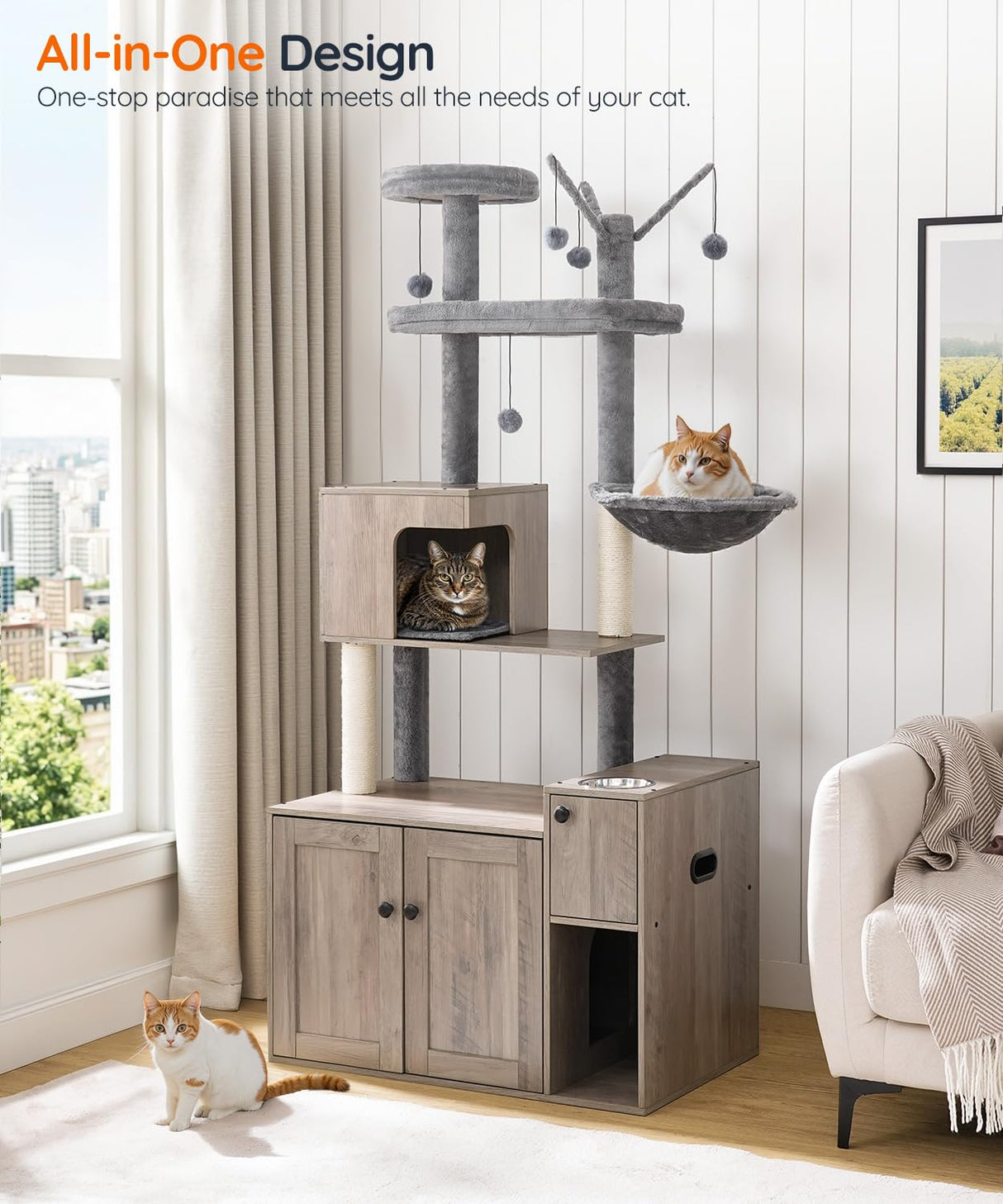HOOBRO Cat Tree with Litter Box Enclosure, Cat Tower with Food Bowl and Storage, Hidden Cat Litter Enclosure Furniture, All-in-One Modern Cat Condo, with Cat House, Hammock and Perch, Greige BG80MZ03 HOOBRO