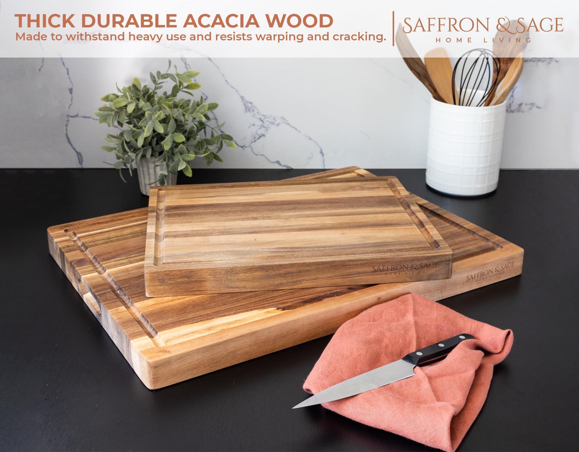 Saffron & Sage Large Wood Cutting Board - Thick 16 x 12 x 1.5 Inch Acacia Wooden Cutting Boards for Kitchen use with Deep Juice Groove, Reversible - WoodArtSupply