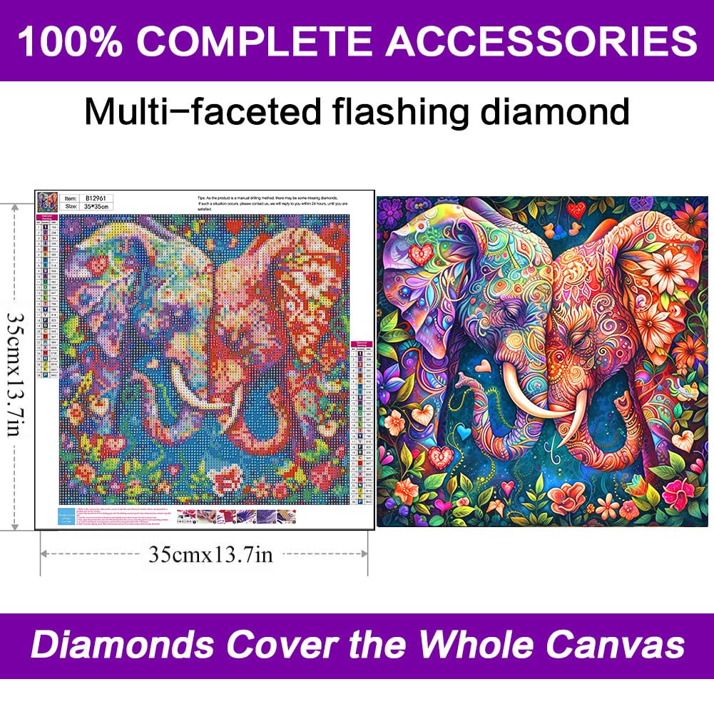 Elephant Diamond Art Kits for Adults-DIY 5D Elephant Diamond Painting Kits for Adults Beginners, Full Drill Paint by Diamonds Art Painting Flowers Crafts for Home Wall Art Decor 14x14in croshom