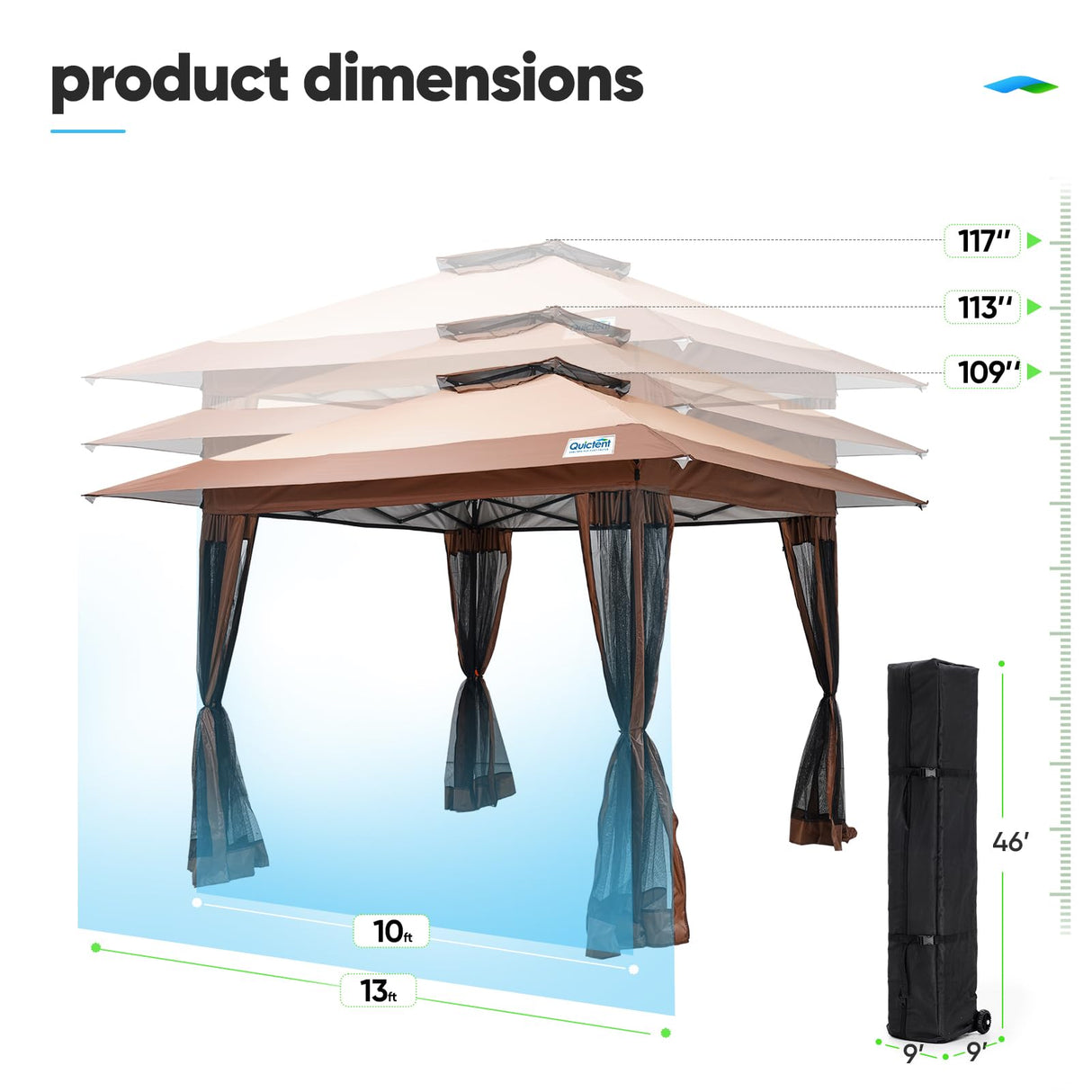 Quictent 13'x13' Pop up Gazebo Canopy Tent, One Person Set up Portable Instant Folding Shelter, Outdoor Canopy Tent with Extra Shade for Backyard, Patio, Party - Khaki Quictent