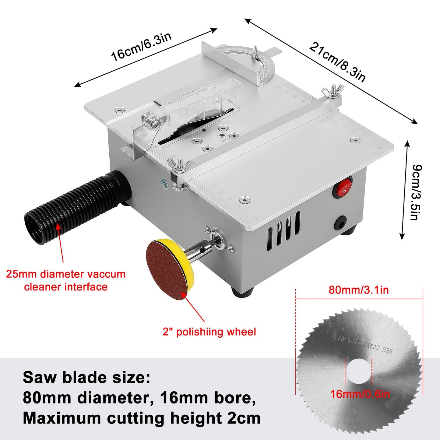 Mini Table Saw with Belt Grinder, 7-Speed Power Supply Adjustable Table Saw Portable Precision Table Saw with 4-Blades and Safety Flap, 0.1-20mm Saw Blade Height Adjustable, Aluminum - WoodArtSupply