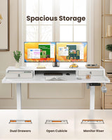 ErGear Electric Standing Desk with Drawers, 55″ x 28″ Gaming Desk with Monitor Stand, C-Clamp Mount Compatible, Home Office Height-Adjustable Desk with Storage Shelf, 4 Preset Heights, White, EGESD37W ErGear