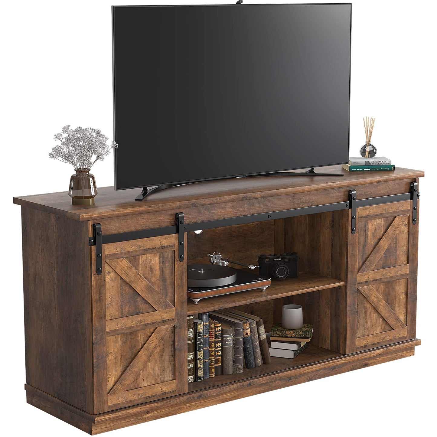 JUMMICO TV Stand for 65 Inch TV, Entertainment Center with Storage Cabinets and Sliding Barn Doors, Mid Century Modern Media TV Console Table for Living Room Bedroom (Rustic Oak) - WoodArtSupply