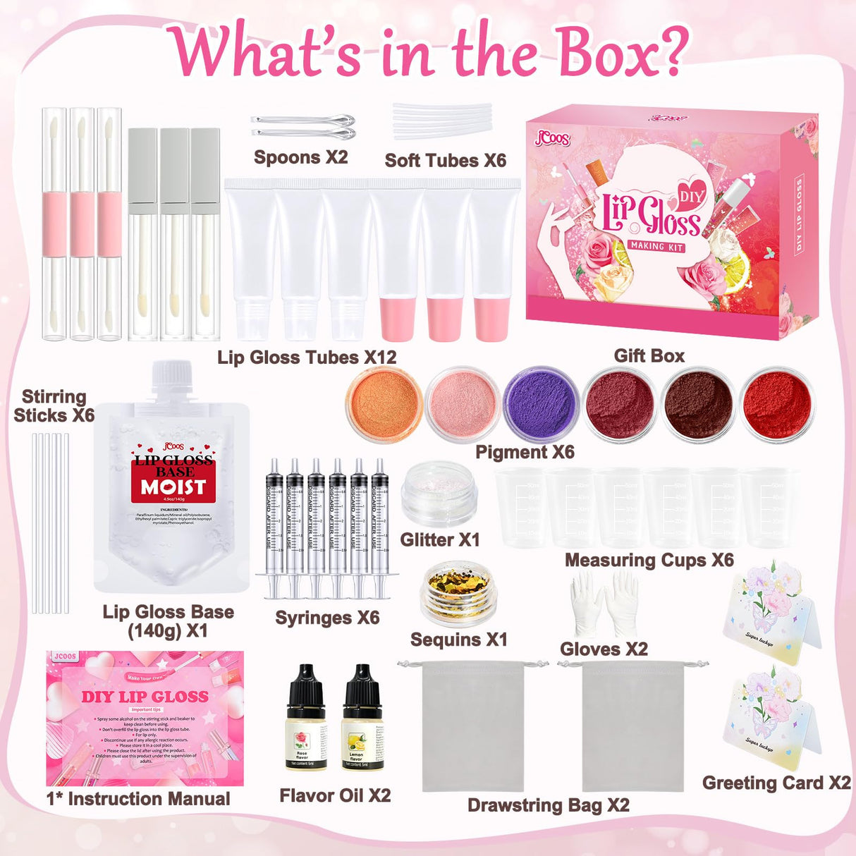 JCOOS Lip Gloss Making Kit, Make Your Own Lip Gloss Kit for Women Beginner, Girls, Diy Lipgloss Making Kits Lip Oil, Moisturizing Base, Pigments, Tubes, Women Gifts Unique, Popular Teen Girl Stuff Jcoos
