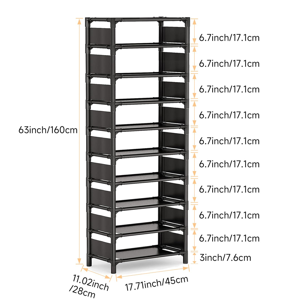 esonstyle 10 Tiers Vertical Shoe Rack Up to 20-25 Pairs, Sturdy Metal Narrow Shoe Rack Shoe Shelf, Space-Saving Tall Shoe Rack for Closet,Bedroom Hallway Garage Living Room esonstyle