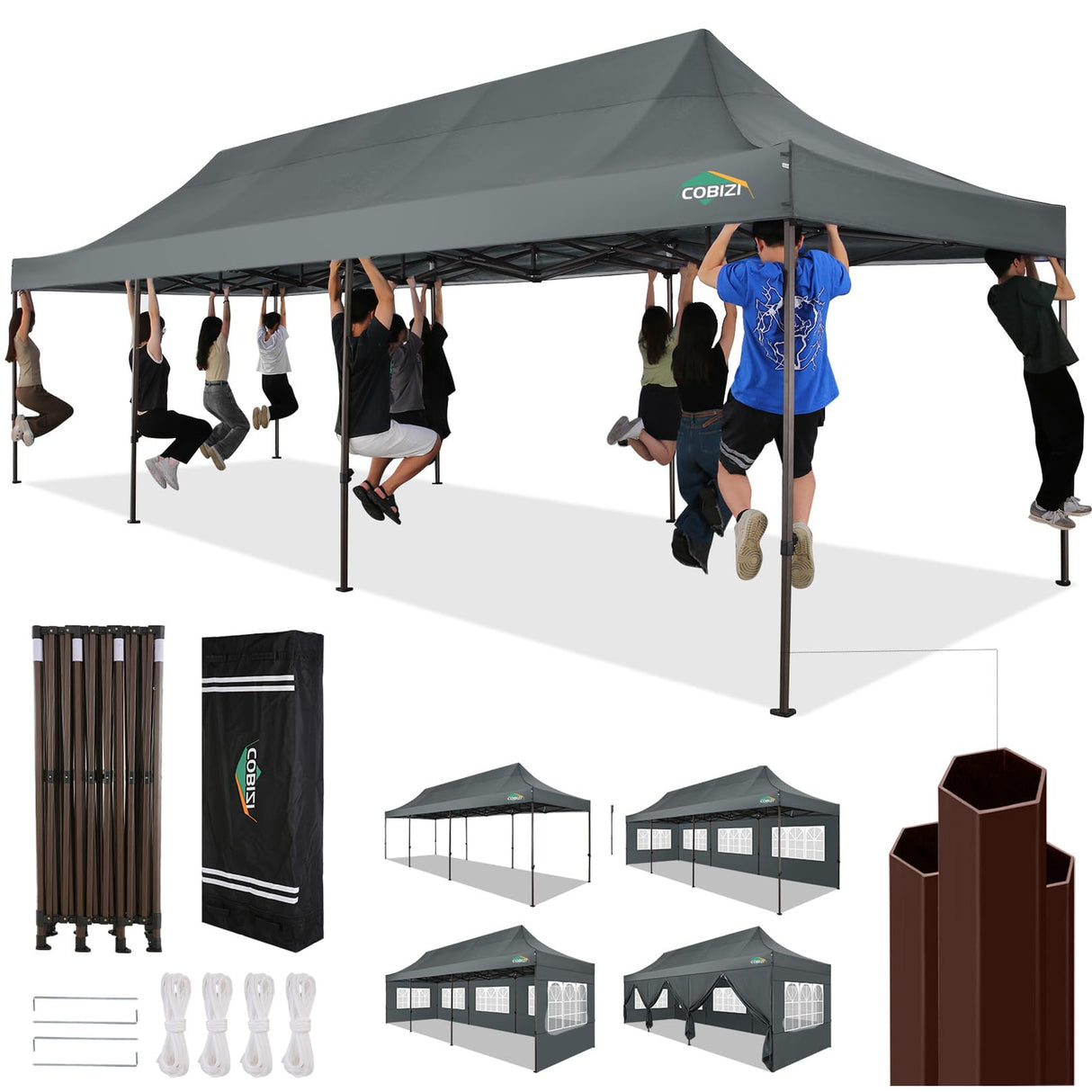 COBIZI Heavy Duty 10x30 Party Tent, Commercial 10x30 pop up Canopy for Parties Waterproof Gazebos with 8 Sidewalls, All Season Wind & Waterproof UPF50+,Stable Thickened Frame COBIZI