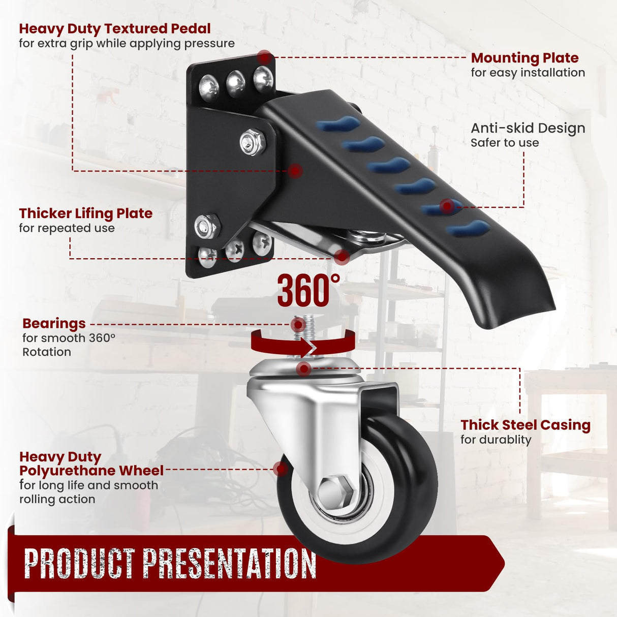 SPACECARE Workbench Casters Heavy Duty Retractable Casters Kit, Capacity 800Lbs Set of 4 Stepdown Casters Adjustable Polyurethane Durable Steel Construction SPACECARE